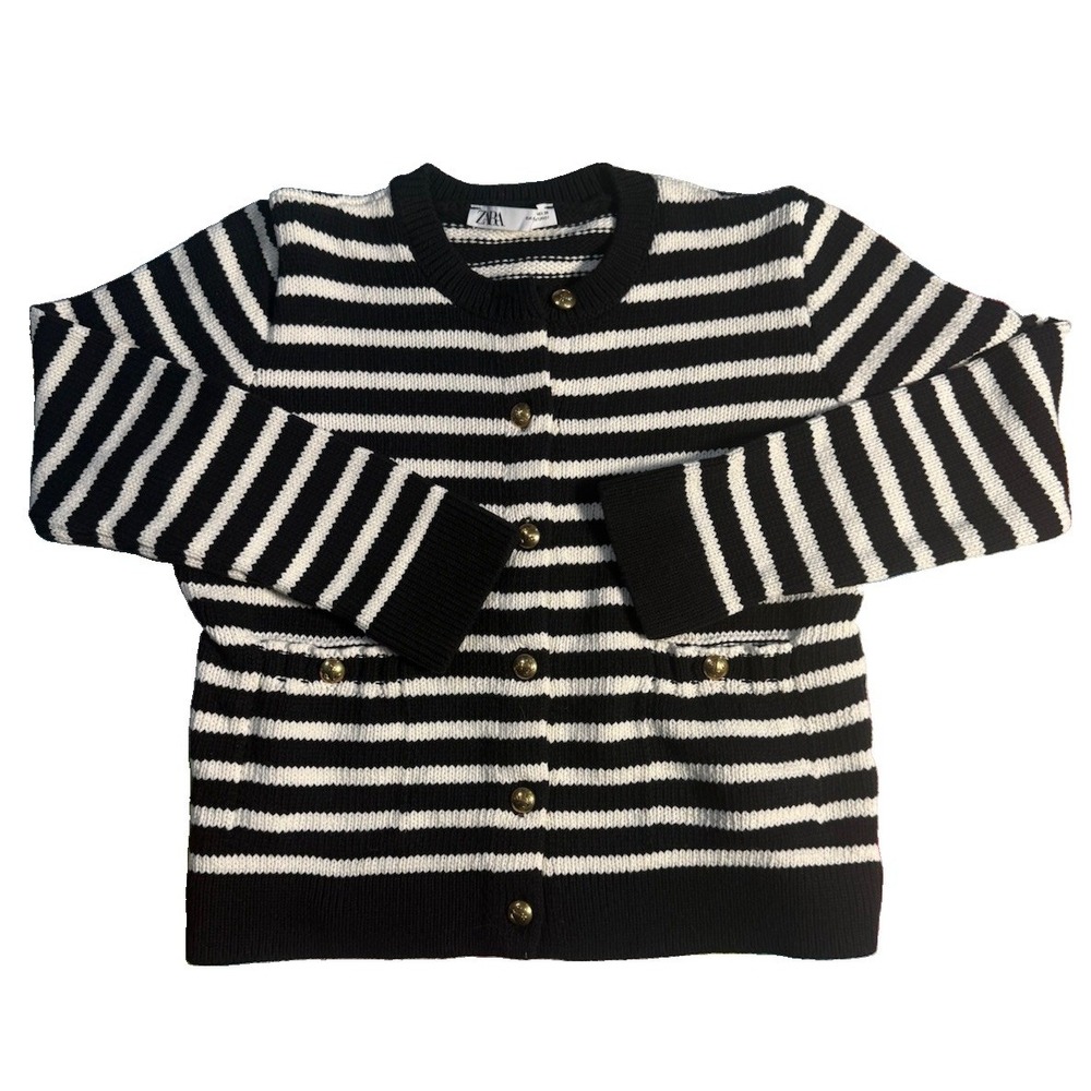 Zara B&W Striped Knit Cardigan Sweater Women's Size Small Gold Anchor Buttons